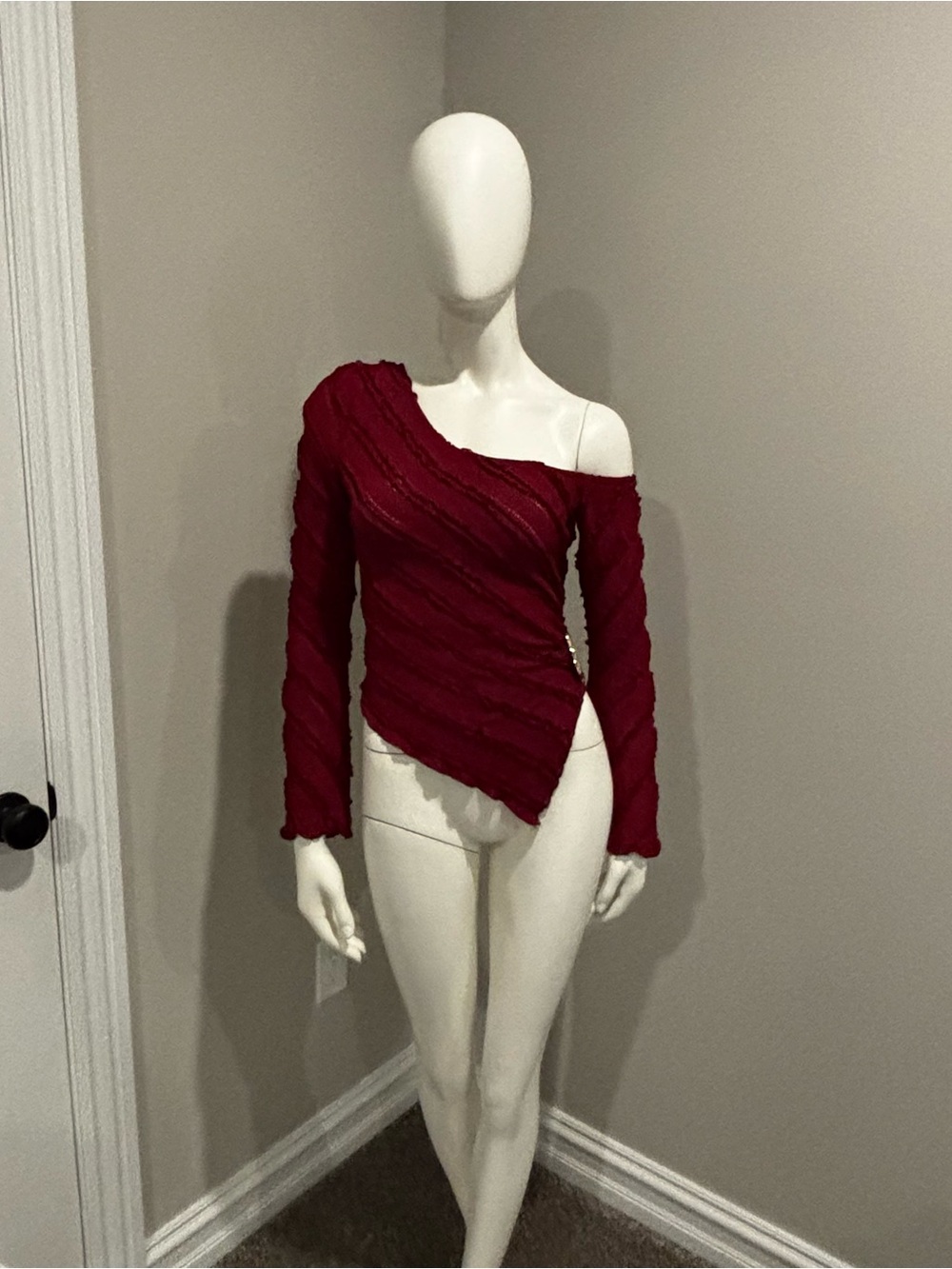 Ruby Red Color Women's Off The Shoulder Long Sleeve Top Size S